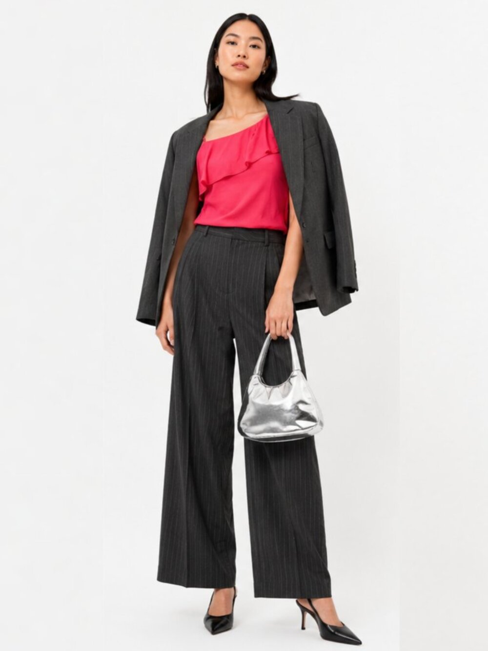 Massimo Dutti One Shouler Coral Pink Ruffle Top